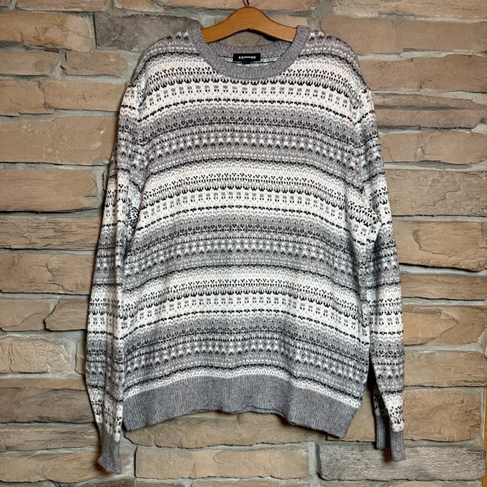 EXPRESS Mens Fair Isle Geometric Pattern Crew Neck Sweater XL Gray White Black